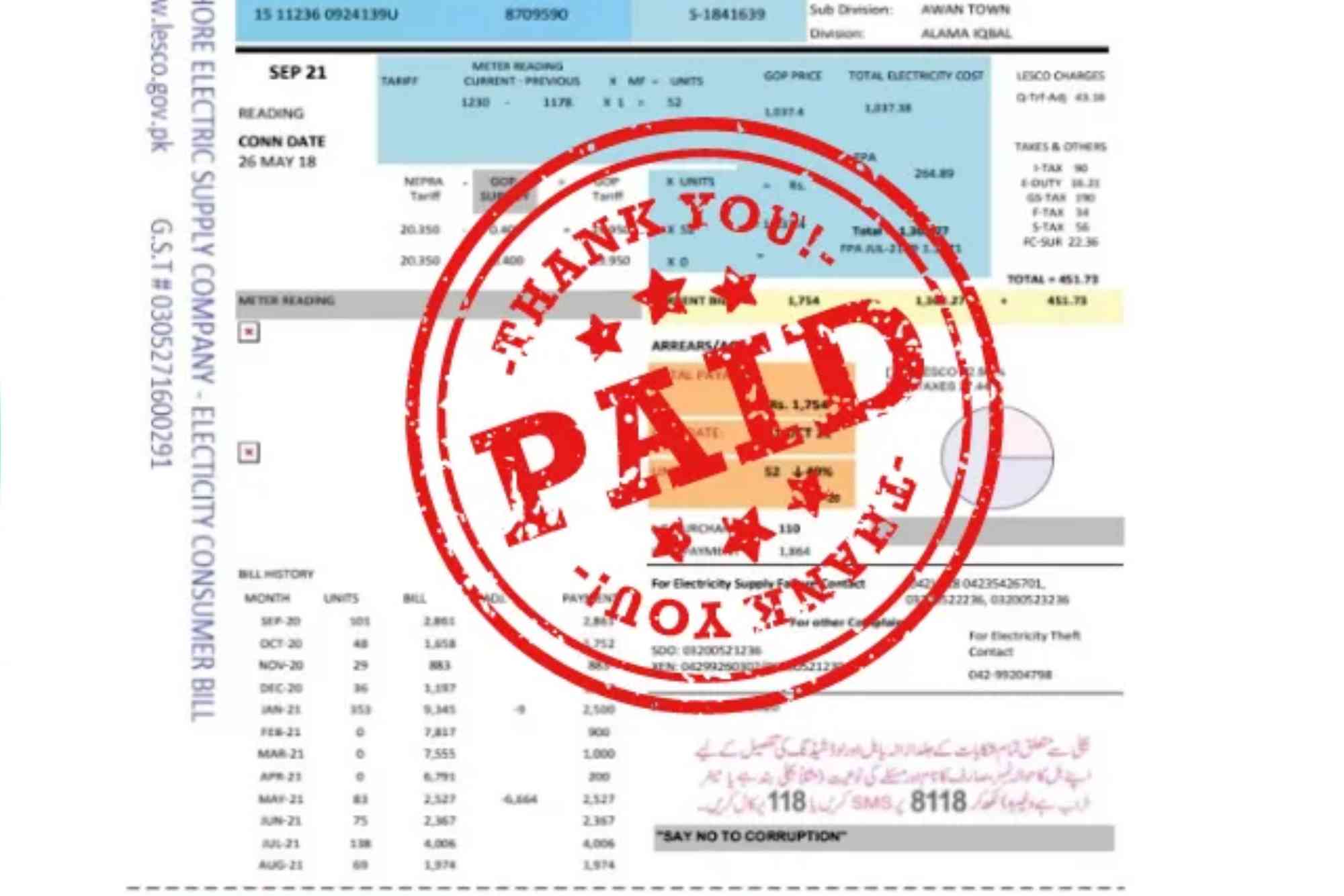 Lesco Bill Paid Check